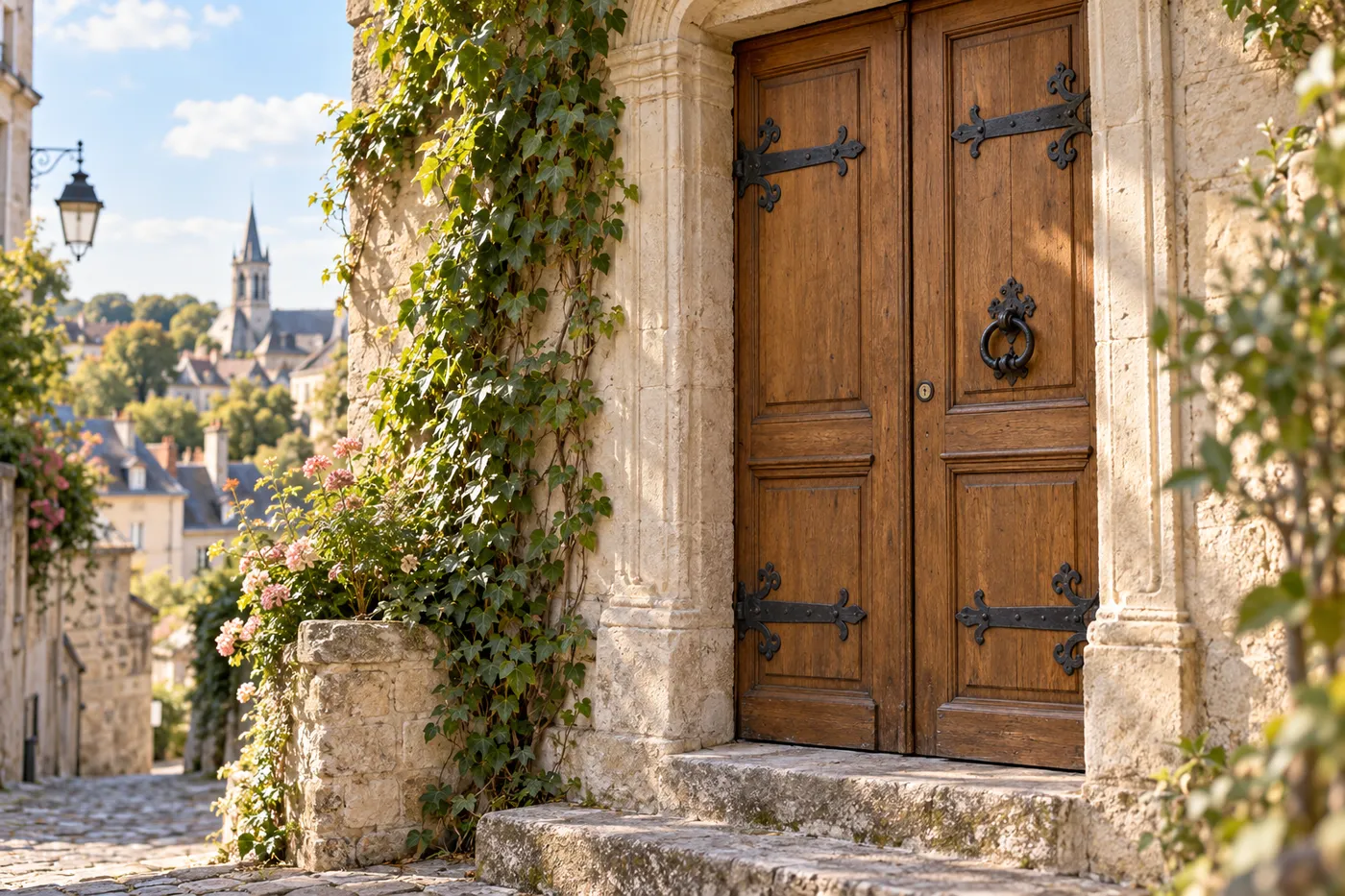 Porte ancienne en chêne et ferrures d'époque conservées, dans la ville haute de Pontoise